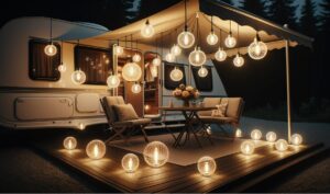 Vorzelt Beleuchtung mit einer Lichterkette am Wohnwagen