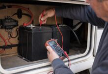 Spannung einer Wohnwagen-Aufbaubatterie wird mit einem Multimeter geprüft [Bildinhalt mit KI erstellt]