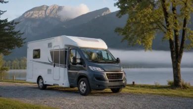 Kompakter teilintegrierter Camper der Carado-V132-Klasse auf einem Stellplatz am Alpensee