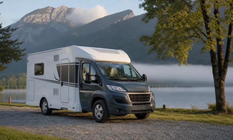 Kompakter teilintegrierter Camper der Carado-V132-Klasse auf einem Stellplatz am Alpensee