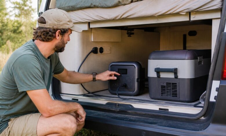 Portable Powerstation versorgt eine Kühlbox im Camper