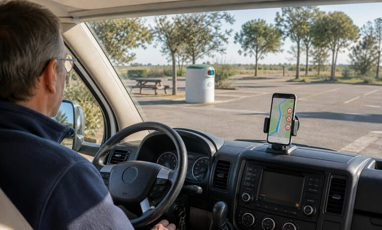 Fahrer prüft im geparkten Wohnmobil eine Navigationsroute auf dem Smartphone