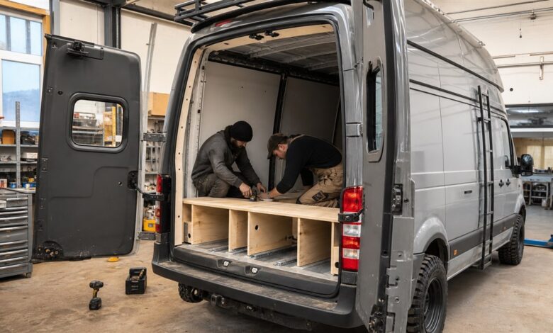 Modularer Holzausbau wird in einen geländetauglichen Kastenwagen montiert