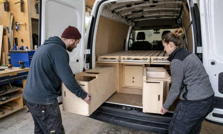 Zwei Personen bauen passgenaue Holzmöbel in einen Campervan ein