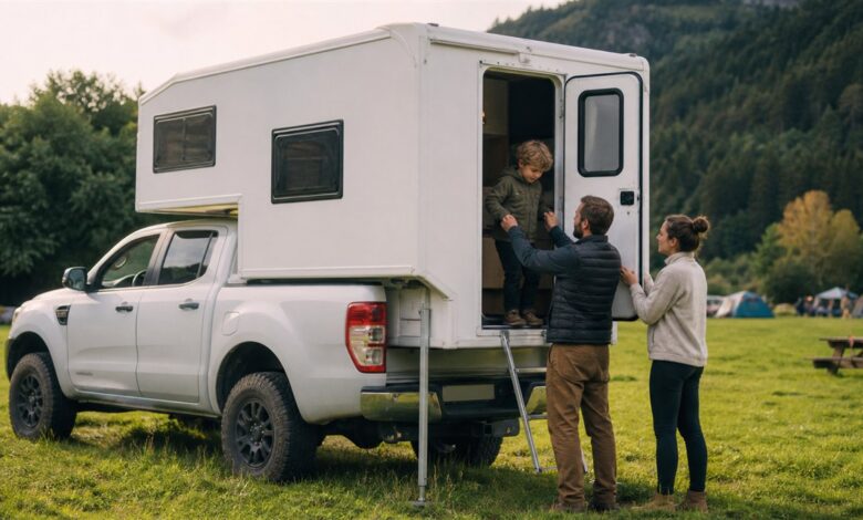 Familie nutzt eine kompakte Absetzkabine auf einem Pickup