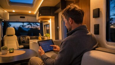 Camper steuert Licht und Temperatur im Wohnmobil mit einem Tablet