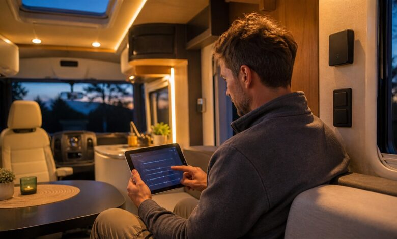 Camper steuert Licht und Temperatur im Wohnmobil mit einem Tablet