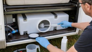 Frischwassertank eines Wohnmobils wird durch die Inspektionsöffnung gereinigt