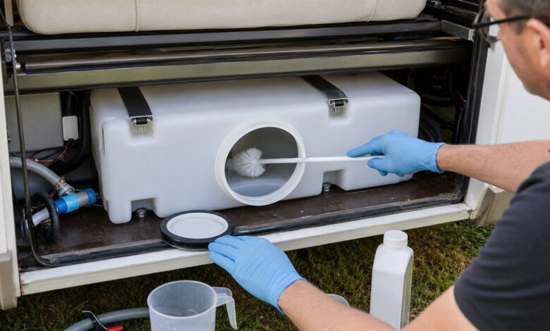 Frischwassertank eines Wohnmobils wird durch die Inspektionsöffnung gereinigt