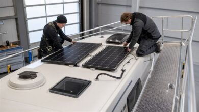 Solarmodule werden auf dem Dach eines Wohnmobils befestigt