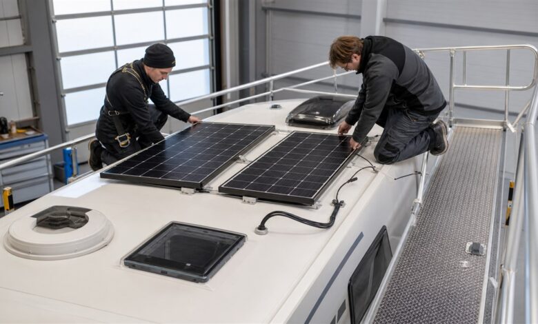 Solarmodule werden auf dem Dach eines Wohnmobils befestigt