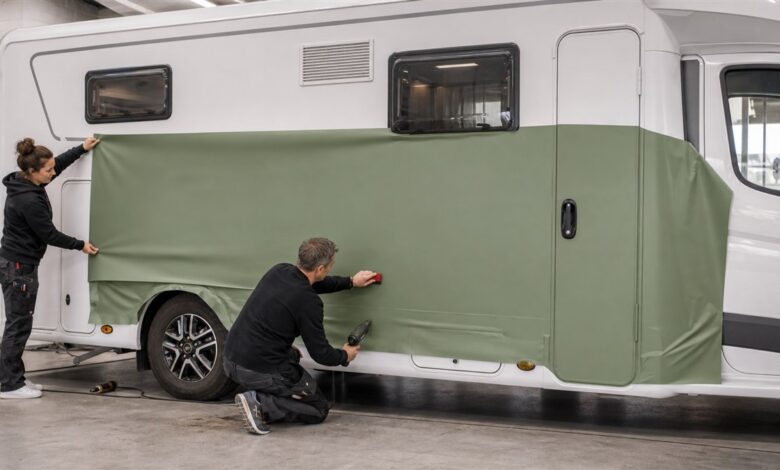 Zwei Fachleute folieren eine Seitenfläche des Wohnmobils