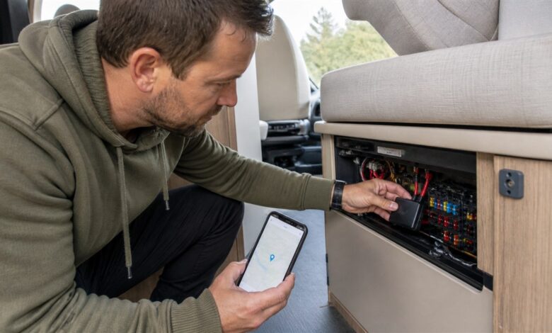 GPS-Tracker wird neben der Zwölf-Volt-Verteilung eines Wohnmobils installiert