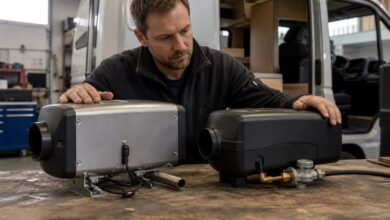 Techniker vergleicht Diesel- und Gasheizung für einen Campervan