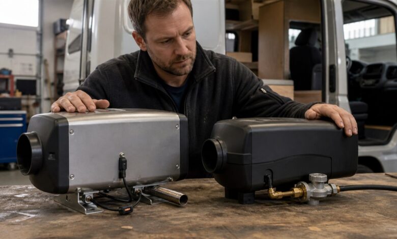 Techniker vergleicht Diesel- und Gasheizung für einen Campervan