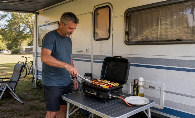 Camper grillt sicher auf einem kompakten Gasgrill neben dem Wohnwagen