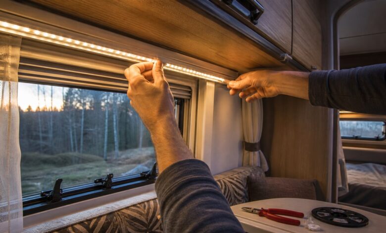 Warmer LED-Lichtstreifen wird im Wohnwagen unter einem Schrank montiert