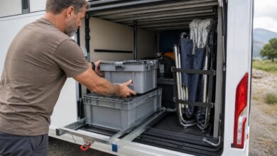 Ausziehbare Kisten und Gurte ordnen die Heckgarage eines Wohnmobils