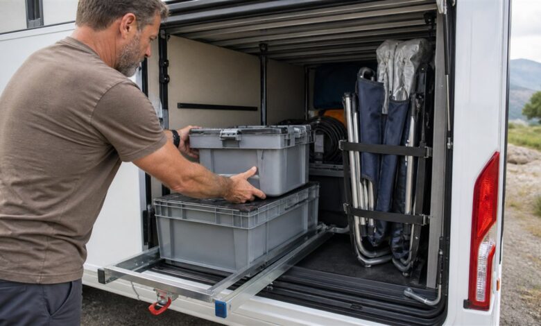 Ausziehbare Kisten und Gurte ordnen die Heckgarage eines Wohnmobils