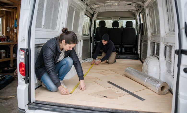 Anfänger messen den Boden eines leeren Kastenwagens für den Ausbau aus