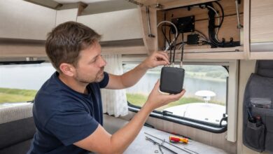 Camper schließt einen mobilen LTE-Router im Wohnmobil an