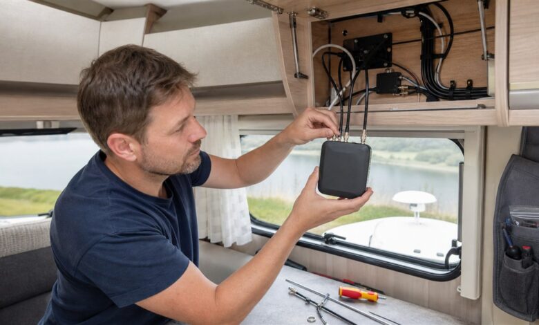 Camper schließt einen mobilen LTE-Router im Wohnmobil an