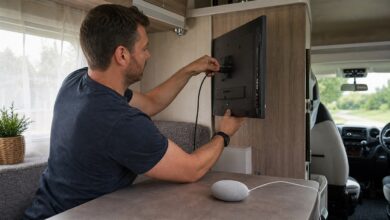 Streaming-Gerät und smarter Lautsprecher werden im Wohnmobil eingerichtet