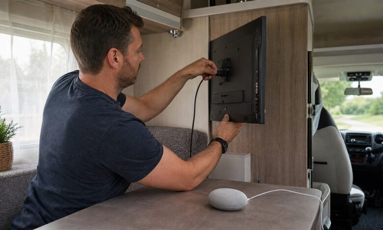 Streaming-Gerät und smarter Lautsprecher werden im Wohnmobil eingerichtet