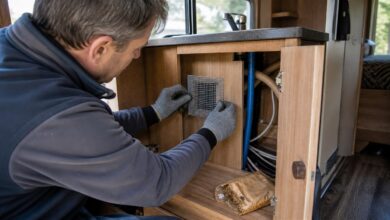 Kabelöffnung im Wohnmobil wird mit Metallgitter gegen Mäuse gesichert