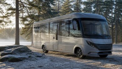 Skandinavisches Reisemobil an einem frostigen Waldstellplatz