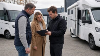 Paar vergleicht Reisemobile auf einem Vermietungshof
