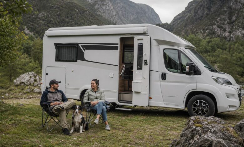 Paar mit Hund vor einem Reisemobil