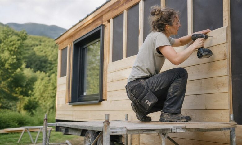 Handwerkerin baut die Holzfassade eines Tiny House