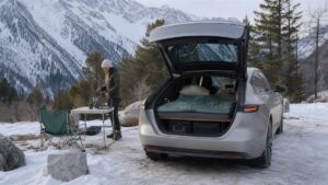 Wintercamping im Tesla Model 3: Schlafen im E-Auto
