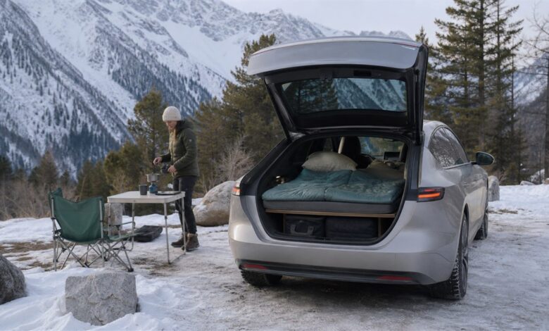 Wintercamping mit Elektroauto und Schlafausbau