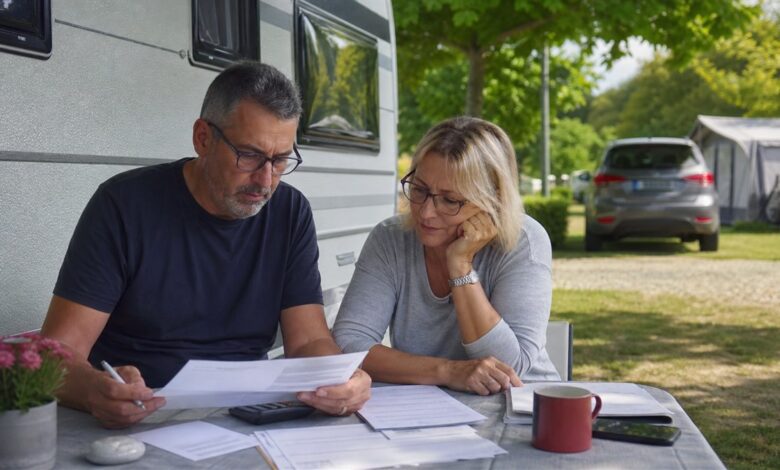 Dauercamper prüfen Rechnungen am Campingtisch