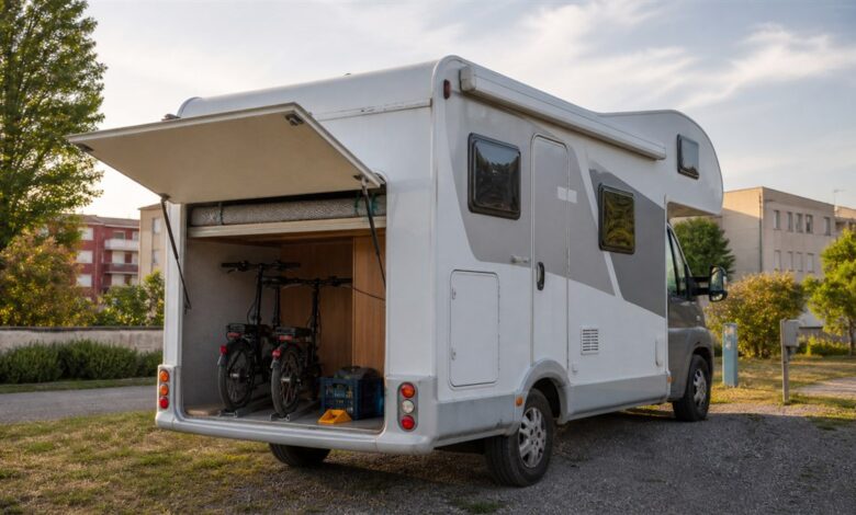 Kompaktes Alkoven-Wohnmobil beim Beladen der großen Heckgarage