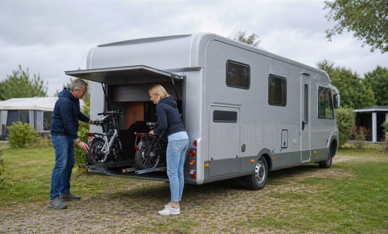 Schmales teilintegriertes Familienwohnmobil auf einem deutschen Campingplatz