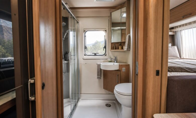 Geräumiges Heckbad mit separater Dusche in einem kompakten Wohnmobil