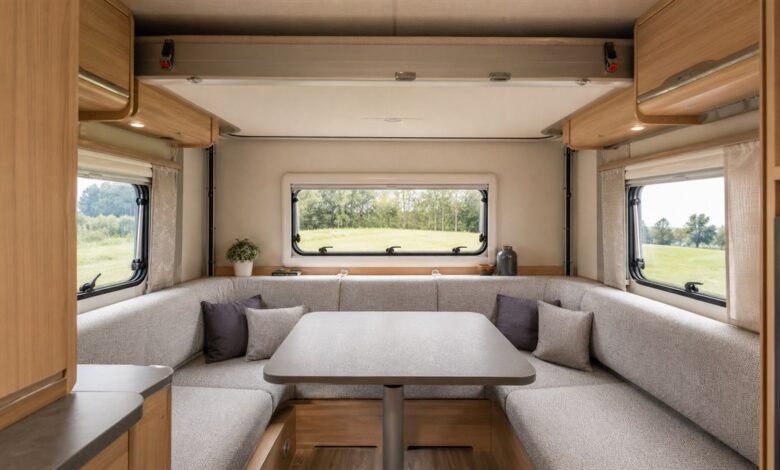 U-förmige Hecksitzgruppe mit hochgefahrenem Hubbett in einem Wohnmobil