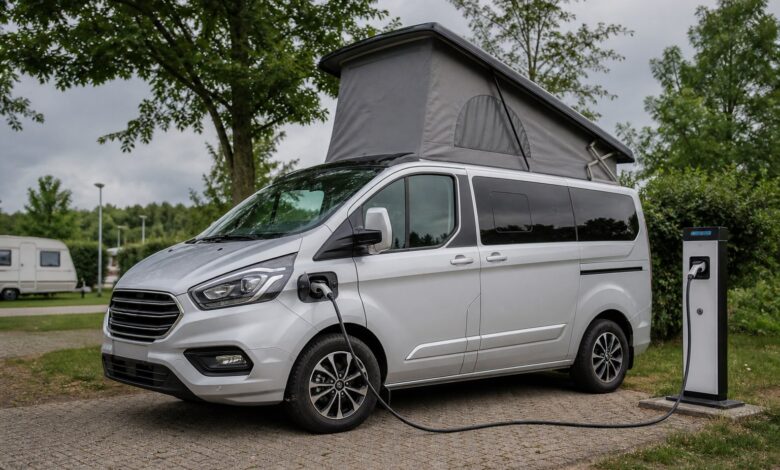 Dethleffs Globevan e.Hybrid mit geöffnetem Aufstelldach beim Laden auf einem Campingplatz
