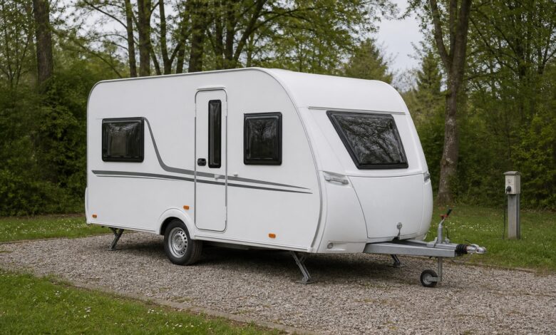 Kompakter Fendt Bianco Activ 390 FHS Wohnwagen auf einem ruhigen Naturcampingplatz