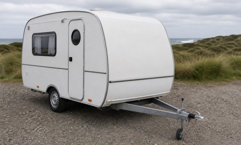 Kompakter Hobby Beachy 420 mit gerader symmetrischer A-Deichsel auf einem Küstencampingplatz