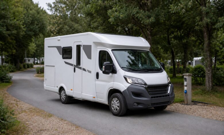 Schmales teilintegriertes Hobby Optima ONTOUR V65 GE auf einer Campingplatz-Zufahrt