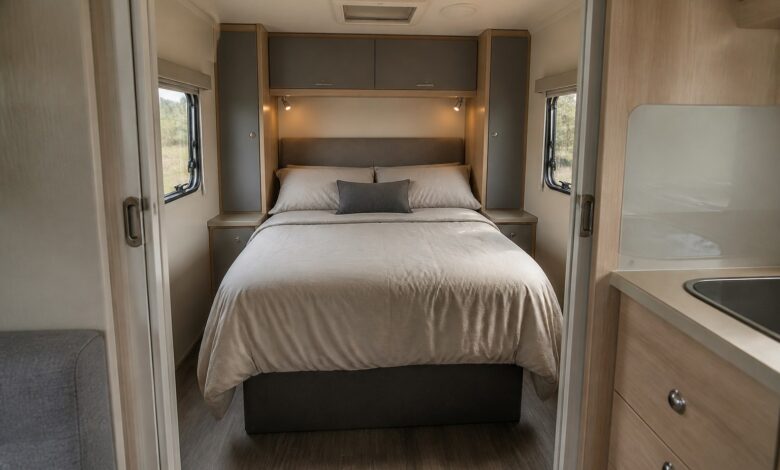 Separater Schlafbereich im Hobby Prestige 650 UFf mit beidseitig zugänglichem Queensbett