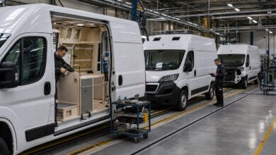 Montagelinie für Campingbusse in einer Produktionshalle