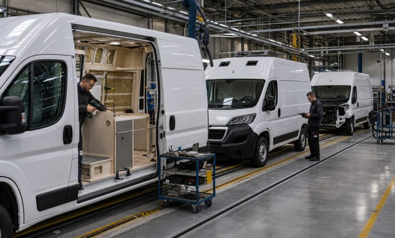 Montagelinie für Campingbusse in einer Produktionshalle