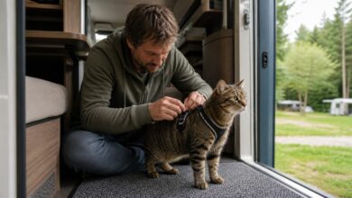 Katze mit Sicherheitsgeschirr im Wohnmobil