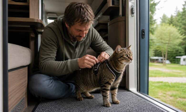 Katze mit Sicherheitsgeschirr im Wohnmobil