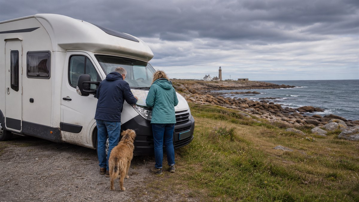 Paar mit Hund und Wohnmobil an der bretonischen Atlantikküste